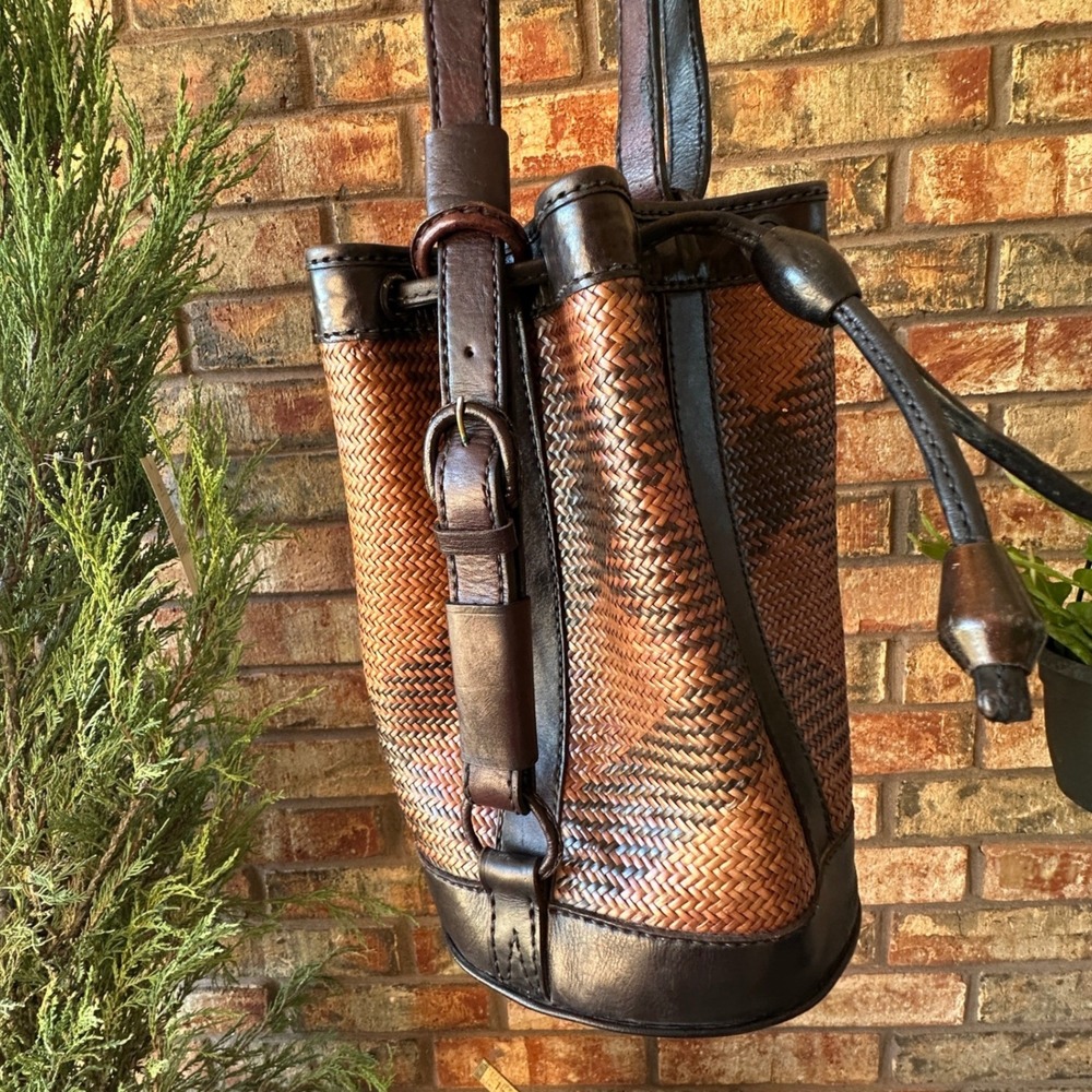Woven Leather Drawstring Bucket Bag Brown Black Shoulder Bag Handbag Basket - Picture 10 of 10